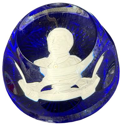 Vintage 1975 Cobalt Royal Blue Crystal Glass PAPERWEIGHT Sulfide Cameo Portrait of Naval Commander featuring JOHN PAUL JONES