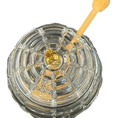 Vintage Crystal Honey Jar & Lid with Wood Spoon/Dipper Giftware Set