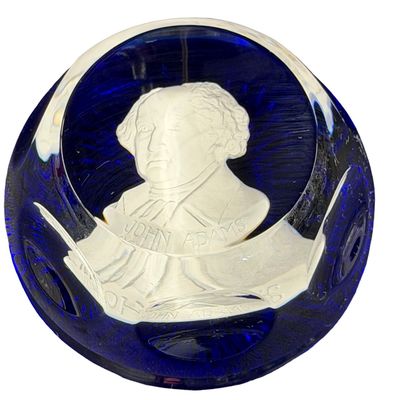 Vintage 1975 Cobalt Royal Blue Crystal Glass PAPERWEIGHT Sulfide Cameo Portrait of JOHN ADAMS