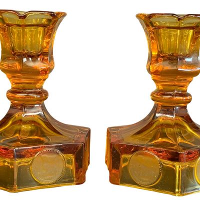 Vintage Fostoria Amber Coin Glass Candleholders Amber Glass Pedestal Compote or Jelly Dish with a Hexagon Base - Lot of 3