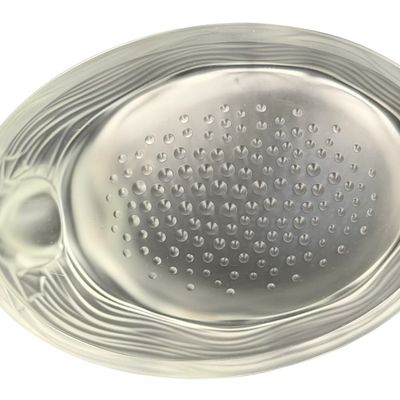 Vintage Art Deco Clear and Frosted Satin Glass Soap or Trinket Dish featuring a Stylized Oval Duck Tray or Bird Tray by Verlys for Fenton