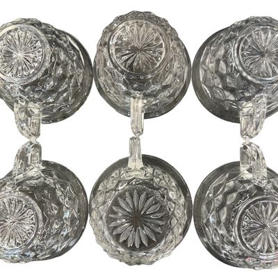 Vintage Fostoria American Clear Pressed Glass Punch Cups featuring a Geometric Cubist Diamond Pattern and D-Style Handles - Set of 6