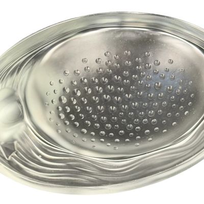 Vintage Art Deco Clear and Frosted Satin Glass Soap or Trinket Dish featuring a Stylized Oval Duck Tray or Bird Tray by Verlys for Fenton
