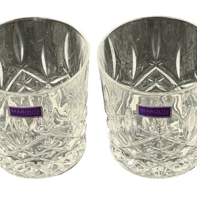 Waterford Markham Double Old Fashioned Crystal Glasses featuring a Classic Cross-Cut Diamond Patter- Lot of 4