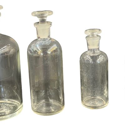 Vintage Pyrex Clear Glass Medicine Bottles Clear Glass Laboratory Reagent or Apothecary Bottles featuring Narrow Mouths and Matching...