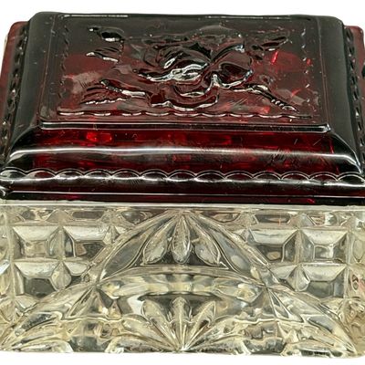 Vintage Anchor Hocking Rectangular Royal Ruby and Clear Cut-Glass Jewelry Box