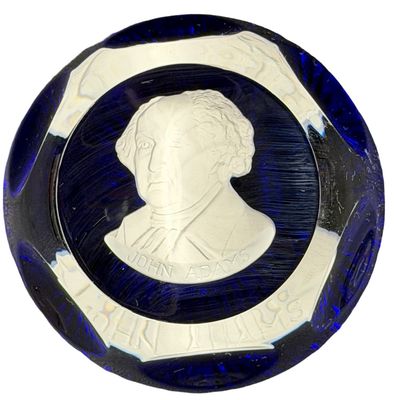 Vintage 1975 Cobalt Royal Blue Crystal Glass PAPERWEIGHT Sulfide Cameo Portrait of JOHN ADAMS