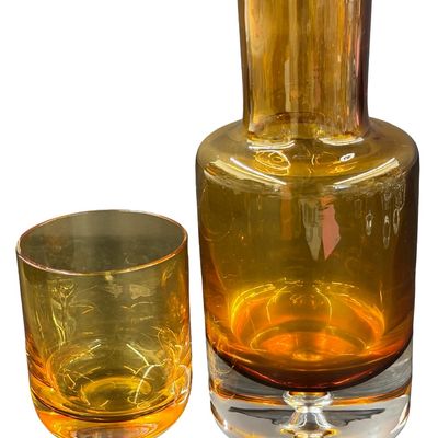 Vintage Mid-Century Krosno Poland Hand Blown Amber Glass to Clear Tumble Up Carafe Bedside Office or Bar Tumbler Set