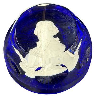 Vintage 1975 Cobalt Royal Blue Crystal Glass PAPERWEIGHT Sulfide Cameo Portrait of THOMAS JEFFERSON
