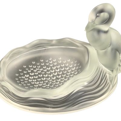 Vintage Art Deco Clear and Frosted Satin Glass Soap or Trinket Dish featuring a Stylized Oval Duck Tray or Bird Tray by Verlys for Fenton
