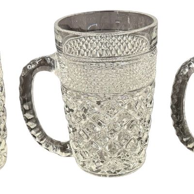 Vintage Anchor Hocking Wexford Clear Glass Mug featuring a Classic Criss-Cross Diamond and Textured Diamond-Point Pattern - Set of 6