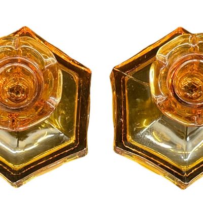 Vintage Fostoria Amber Coin Glass Candleholders Amber Glass Pedestal Compote or Jelly Dish with a Hexagon Base - Lot of 3