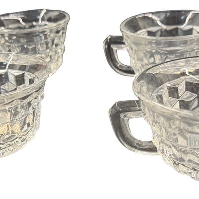 Vintage Fostoria American Clear Pressed Glass Punch Cups featuring a Geometric Cubist Diamond Pattern and D-Style Handles - Set of 4