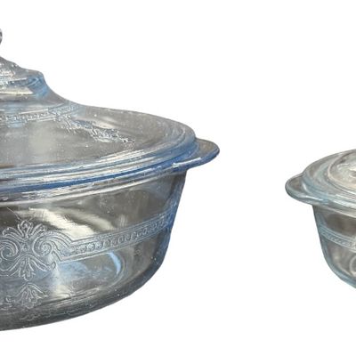 Vintage Anchor Hocking Fire-King "Philbe" Sapphire Blue Round Glass Covered Casserole Dish Sets with Matching Knob Lids - Set of 2