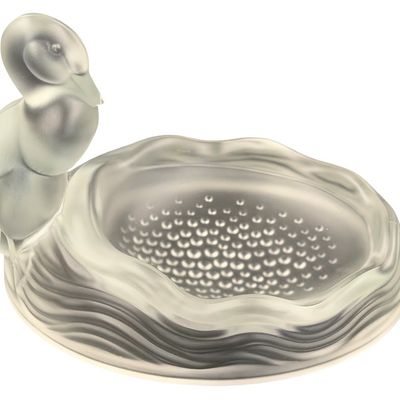 Vintage Art Deco Clear and Frosted Satin Glass Soap or Trinket Dish featuring a Stylized Oval Duck Tray or Bird Tray by Verlys for Fenton