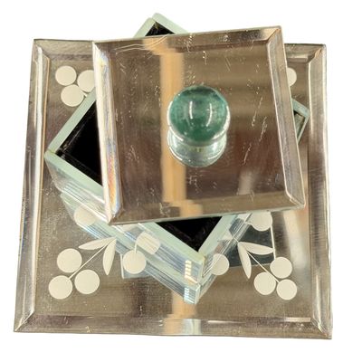 Vintage Etched Mirrored Glass Trinket or Jewelry Box with a Matching Mirror Tray - SMALL