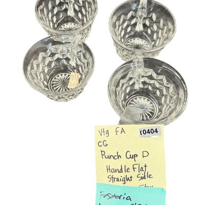 Vintage Fostoria American Clear Pressed Glass Punch Cups featuring a Geometric Cubist Diamond Pattern and D-Style Handles - Set of 4