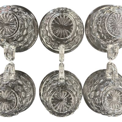 Vintage Fostoria American Clear Pressed Glass Punch Cups featuring a Geometric Cubist Diamond Pattern and D-Style Handles - Set of 6