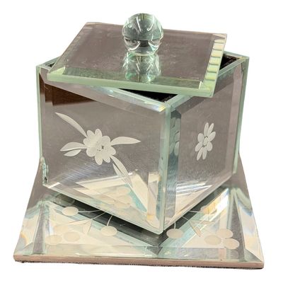 Vintage Etched Mirrored Glass Trinket or Jewelry Box with a Matching Mirror Tray - Large