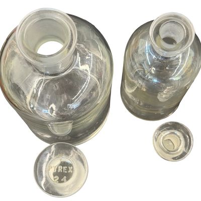 Vintage Pyrex Clear Glass Medicine Bottles Clear Glass Laboratory Reagent or Apothecary Bottles featuring Narrow Mouths and Matching...