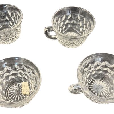 Vintage Fostoria American Clear Pressed Glass Punch Cups featuring a Geometric Cubist Diamond Pattern and D-Style Handles - Set of 4