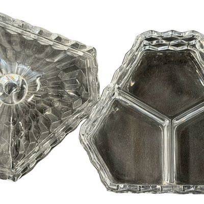 Vintage Fostoria American Clear Glass Triangular Divided Covered Candy Dish
