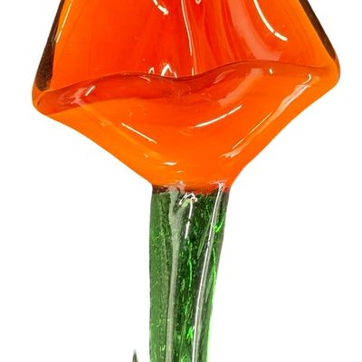 Vintage Hand-Blown Art Glass Handcrafted Orange Tulip Figurine with a Long Green Stem 16"