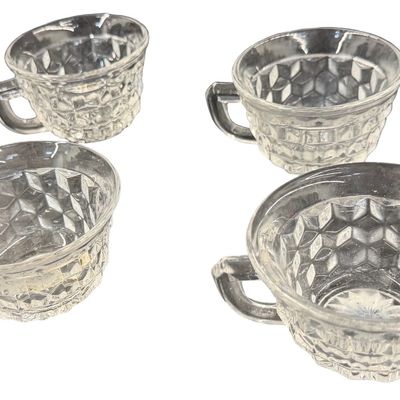 Vintage Fostoria American Clear Pressed Glass Punch Cups featuring a Geometric Cubist Diamond Pattern and D-Style Handles - Set of 4