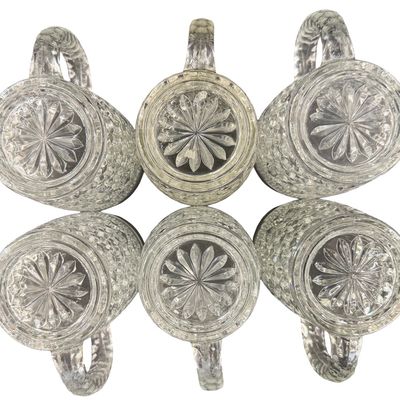 Vintage Anchor Hocking Wexford Clear Glass Mug featuring a Classic Criss-Cross Diamond and Textured Diamond-Point Pattern - Set of 6