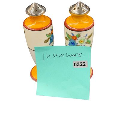 Vintage Set of Art Deco Hand-Painted Japanese Lusterware Ceramic Salt and Pepper Shakers featuring Orange and Floral Geometric Motifs