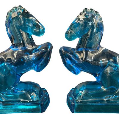 Vintage Set of Mid-20th Century L.E. Smith Aqua or Turquoise Blue Glass Rearing Horse Bookends