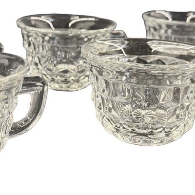 Vintage Fostoria American Clear Pressed Glass Punch Cups featuring a Geometric Cubist Diamond Pattern and D-Style Handles - Set of 6