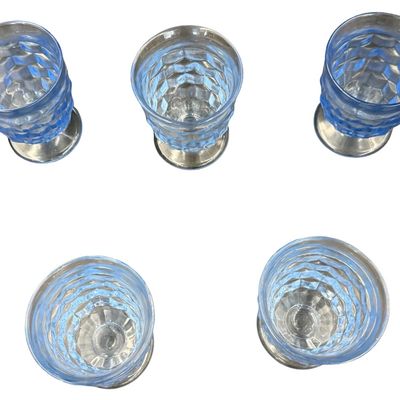 Vintage Light Blue Indiana Glass Whitehall Water Goblets in the Whitehall (or Cubist) Pattern (1960s - 1970s) - Set of 5