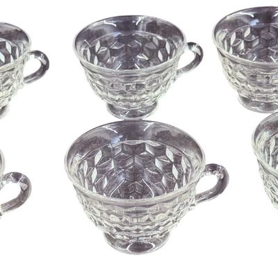 Vintage Fostoria American Clear Footed Tea Cup with Clear Rounded Handle - Set of 6