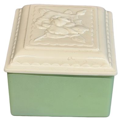 Vintage Anchor Hocking Fire-King Jadeite Green Glass Trinket or Jewelry Box featuring a Matching or Milk Glass/Vitrock Embossed Rose...