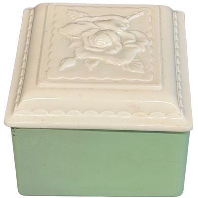 Vintage Anchor Hocking Fire-King Jadeite Green Glass Trinket or Jewelry Box featuring a Matching or Milk Glass/Vitrock Embossed Rose...