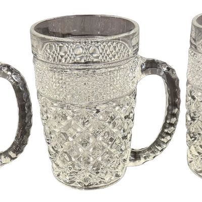 Vintage Anchor Hocking Wexford Clear Glass Mug featuring a Classic Criss-Cross Diamond and Textured Diamond-Point Pattern - Set of 6