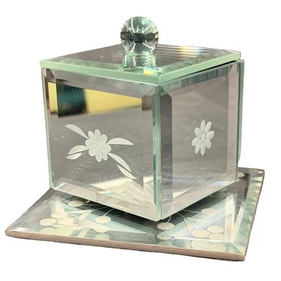 Vintage Etched Mirrored Glass Trinket or Jewelry Box with a Matching Mirror Tray - Large