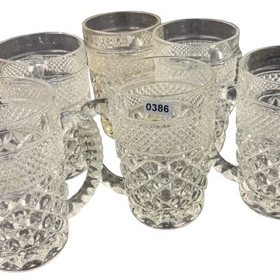 Vintage Anchor Hocking Wexford Clear Glass Mug featuring a Classic Criss-Cross Diamond and Textured Diamond-Point Pattern - Set of 6