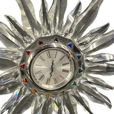 Vintage Swarovski Solaris Table Clock, Featuring Striking Sunburst Design with Colorful Crystal Accents around the Circular Dial