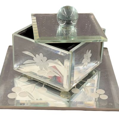 Vintage Etched Mirrored Glass Trinket or Jewelry Box with a Matching Mirror Tray - SMALL