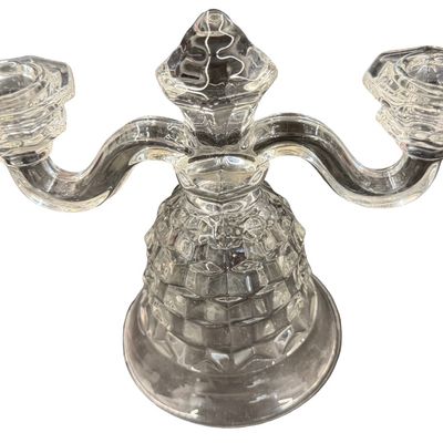 Vintage Fostoria American Clear Crystal "Duo" Double-Arm Candlestick Holder with Two Candles