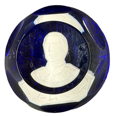 Vintage 1975 Cobalt Royal Blue Crystal Glass PAPERWEIGHT Sulfide Cameo Portrait of Naval Commander featuring JOHN PAUL JONES