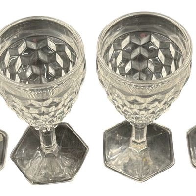 Vintage Fostoria American Clear Pressed Footed Water Glass Goblets with Hexagonal Base- Lot of 4