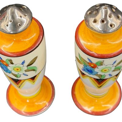 Vintage Set of Art Deco Hand-Painted Japanese Lusterware Ceramic Salt and Pepper Shakers featuring Orange and Floral Geometric Motifs