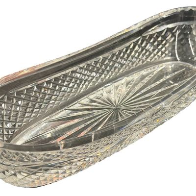 Vintage Waterford Crystal Oval Celery or Relish Dish featuring a Brilliant Diamond Cut Pattern and a Radiant Starburst Design at the Base