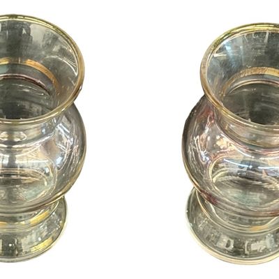 Vintage Bartlett Collins Glass Bud Vases With A Bulbous Shape And Gold Trim