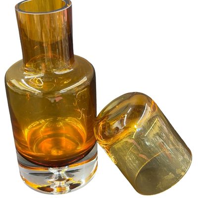 Vintage Mid-Century Krosno Poland Hand Blown Amber Glass to Clear Tumble Up Carafe Bedside Office or Bar Tumbler Set