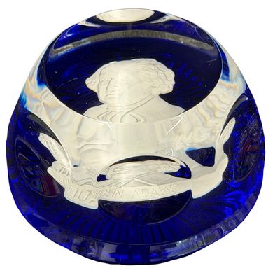 Vintage 1975 Cobalt Royal Blue Crystal Glass PAPERWEIGHT Sulfide Cameo Portrait of JOHN ADAMS