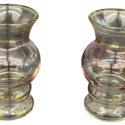 Vintage Bartlett Collins Glass Bud Vases With A Bulbous Shape And Gold Trim